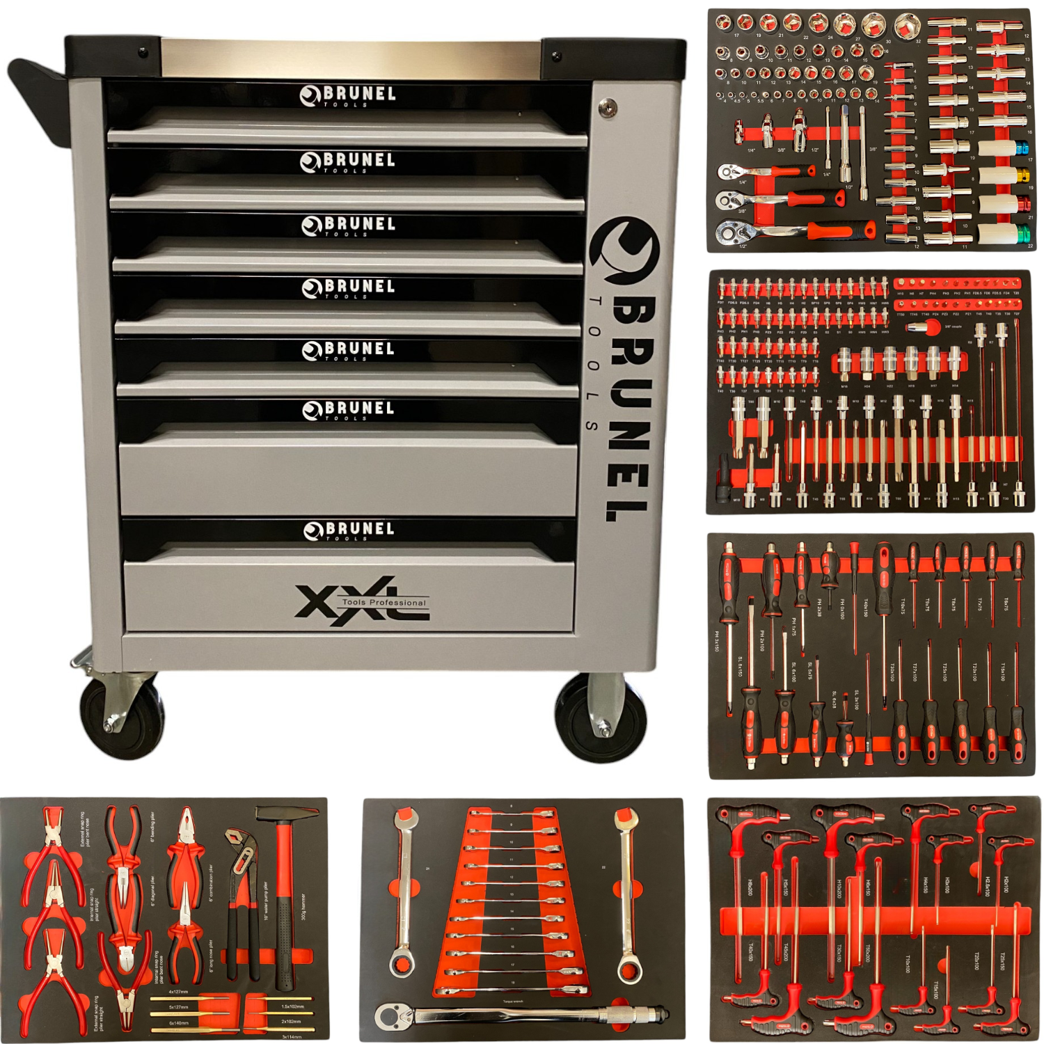 BRUNEL Tools 7 Drawer Caster Mounted Roller Tool Chest Cabinet with 6 Fully Stocked Drawers - 249 Pieces - Grey