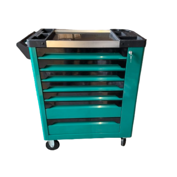 7 Drawer Caster Mounted Roller Tool Chest Cabinet with 6 Fully Stocked Drawers - 249 Pieces - Green