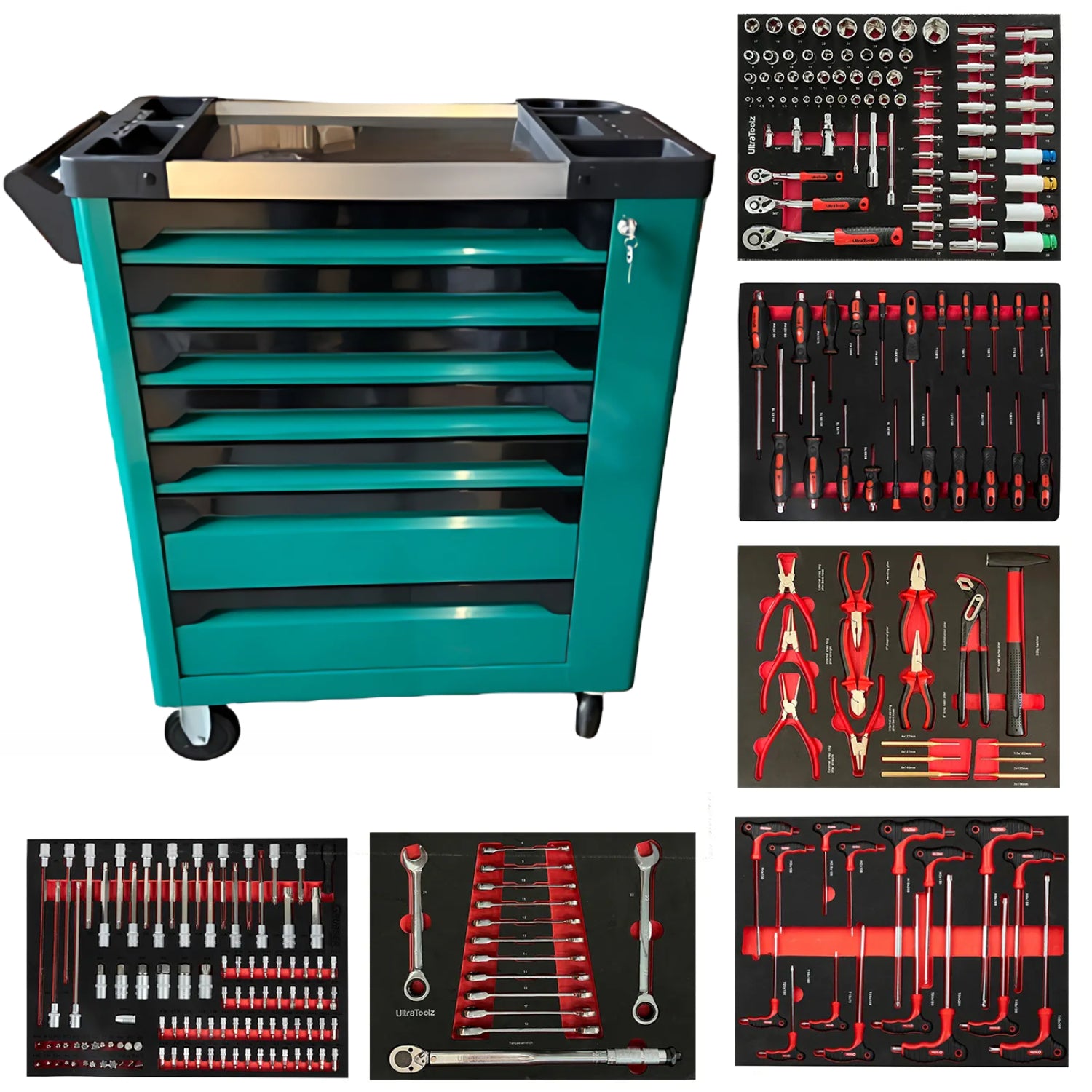 BRUNEL Tools 7 Drawer Caster Mounted Roller Tool Chest Cabinet with 6 Fully Stocked Drawers - 249 Pieces - Green