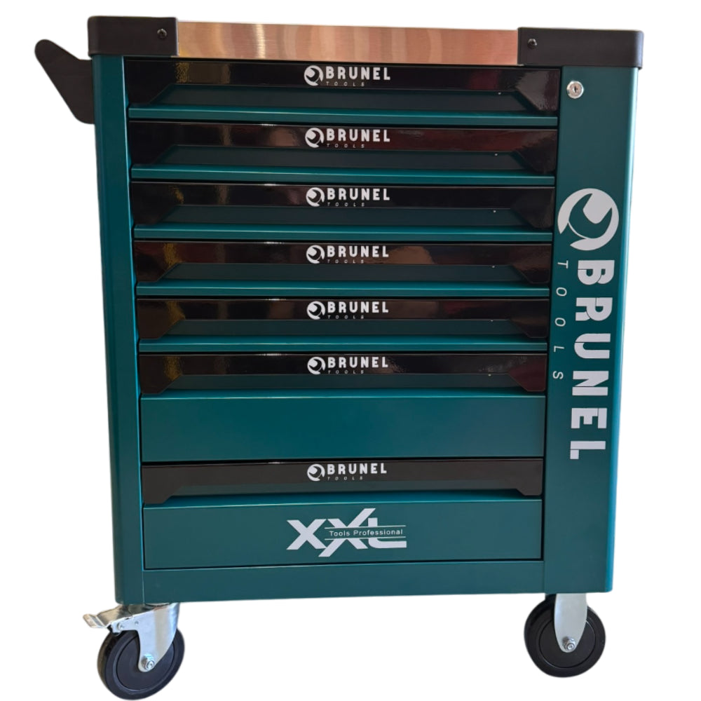 BRUNEL Tools 7 Drawer Caster Mounted Roller Tool Chest Cabinet with 6 Fully Stocked Drawers - 249 Pieces - Green