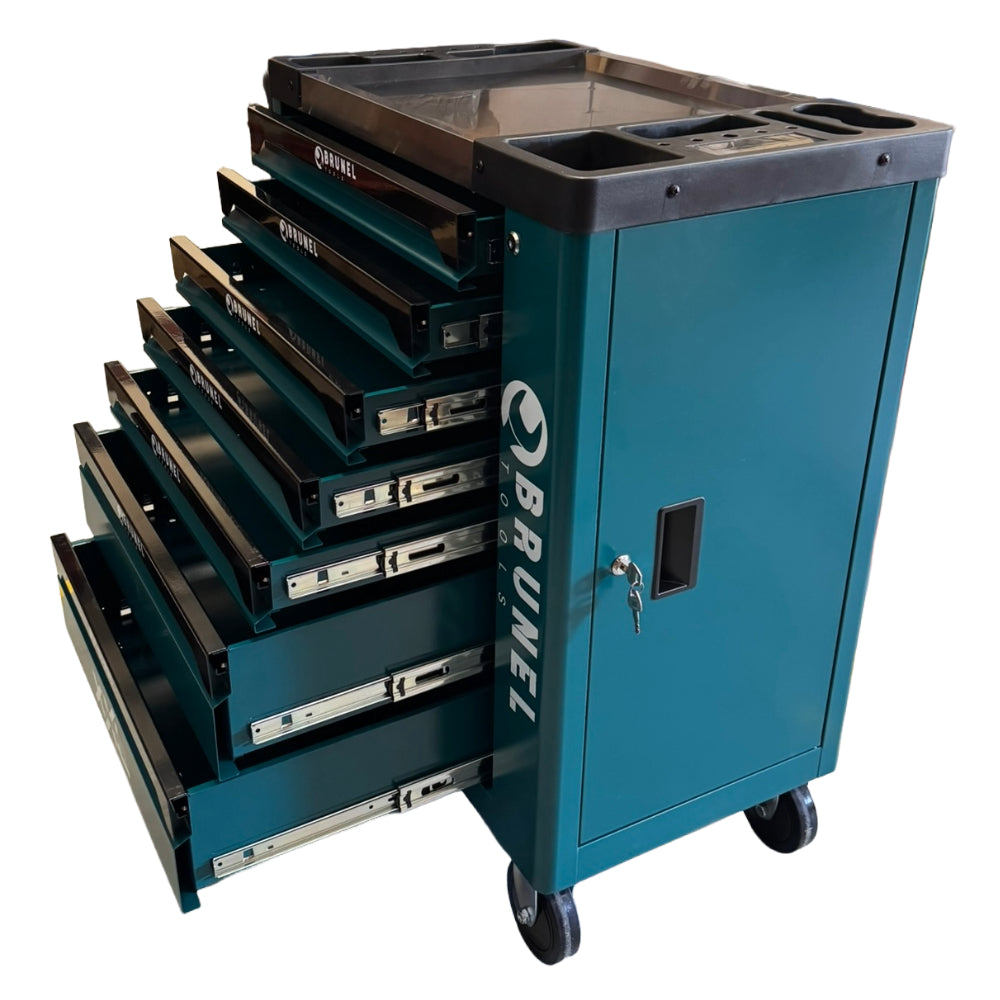 BRUNEL Tools 7 Drawer Caster Mounted Roller Tool Chest Cabinet with 6 Fully Stocked Drawers - 249 Pieces - Green