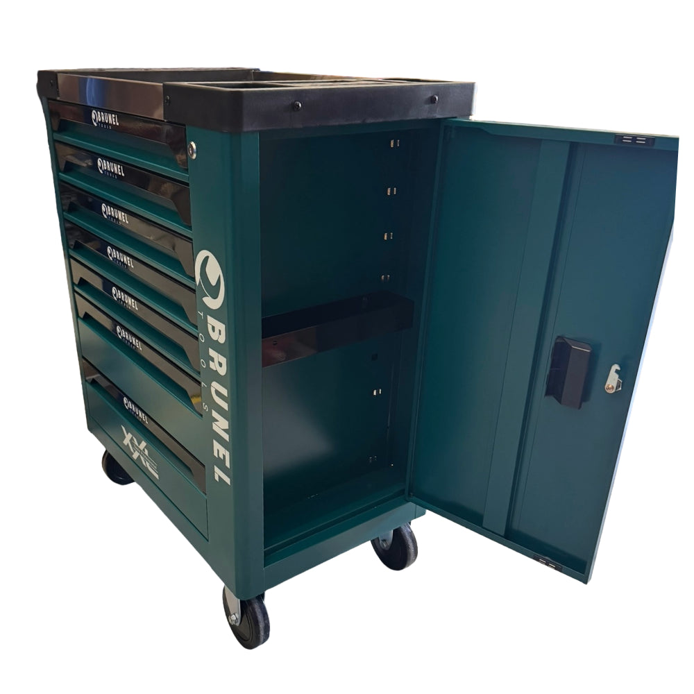 BRUNEL Tools 7 Drawer Caster Mounted Roller Tool Chest Cabinet with 6 Fully Stocked Drawers - 249 Pieces - Green