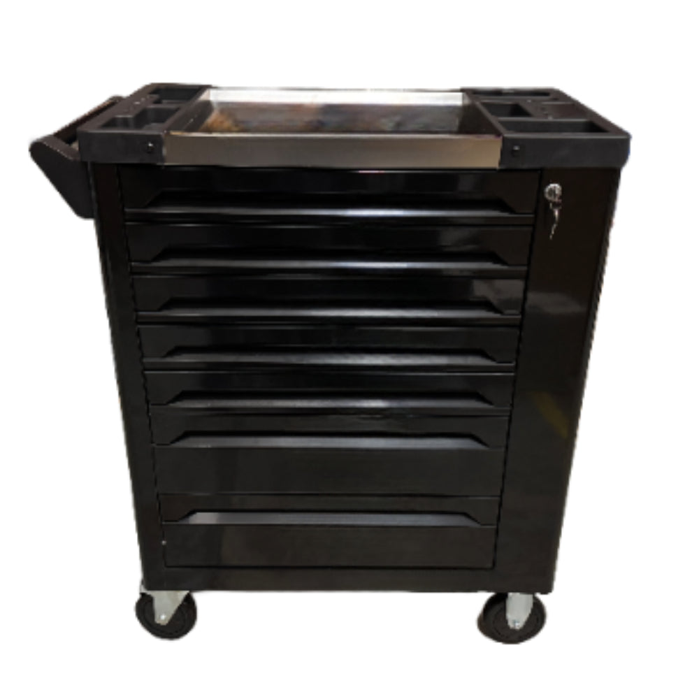 7 Drawer Caster Mounted Roller Tool Chest Cabinet with 6 Fully Stocked Drawers - 249 Pieces - Black