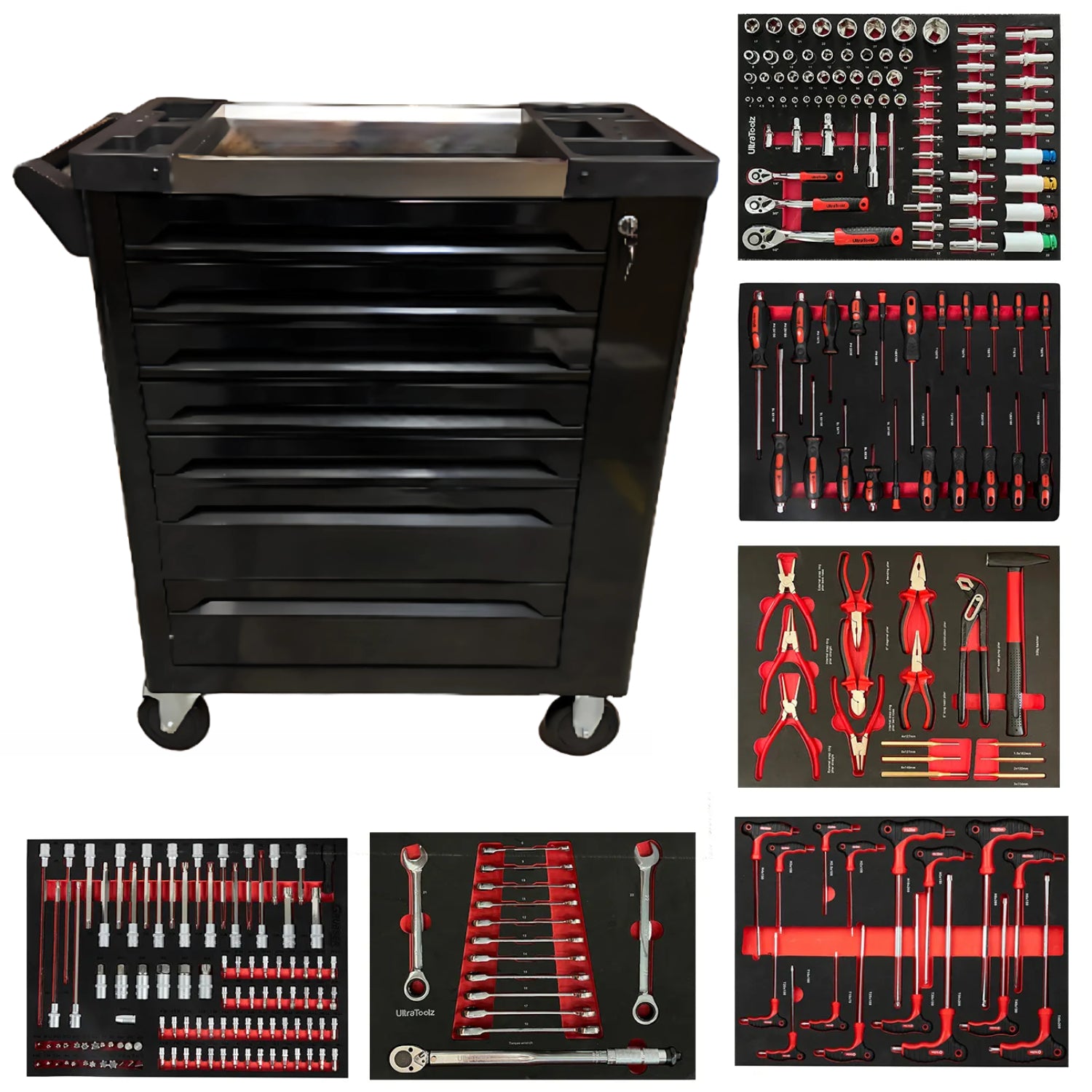 7 Drawer Caster Mounted Roller Tool Chest Cabinet with 6 Fully Stocked Drawers - 249 Pieces - Black