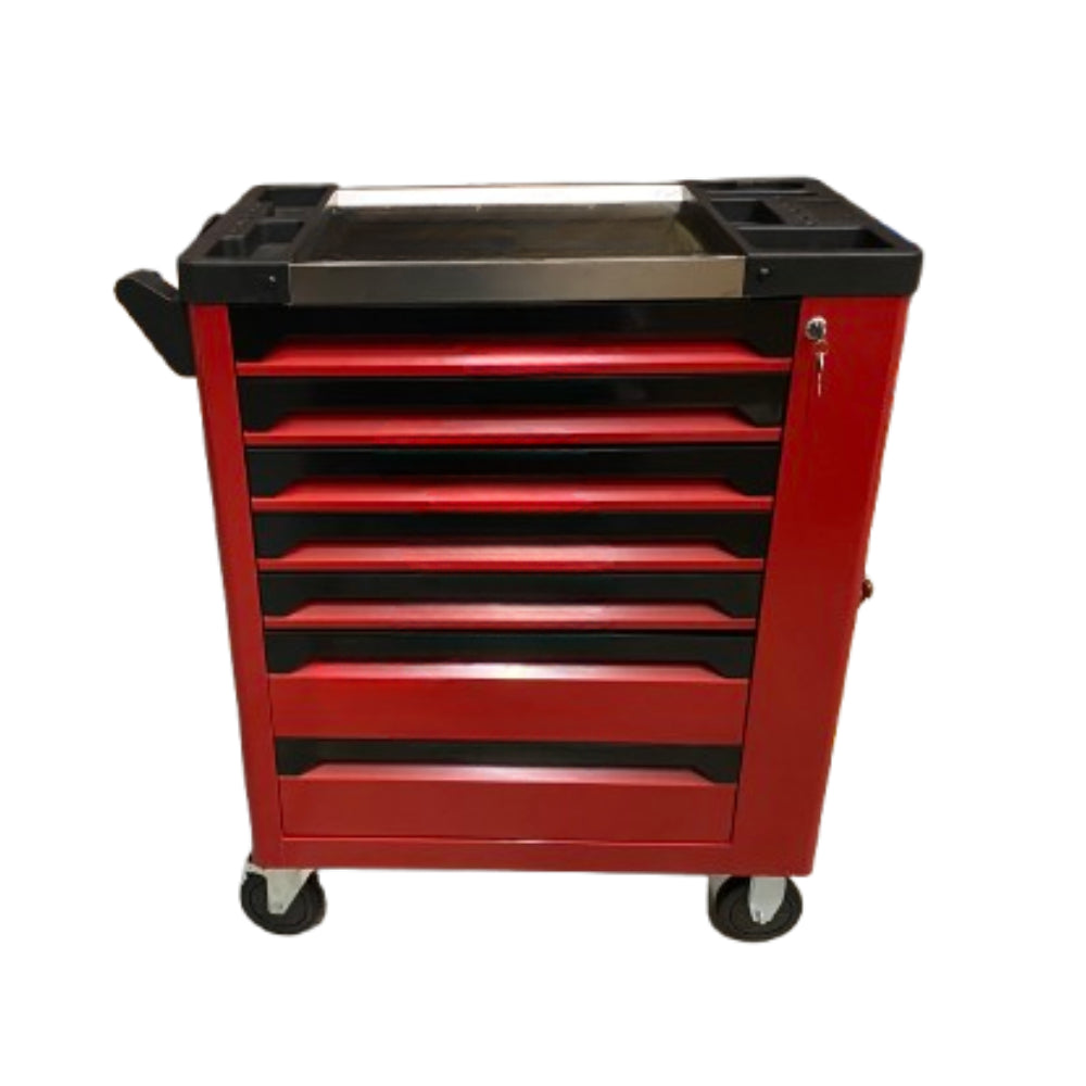 7 Drawer Caster Mounted Roller Tool Chest Cabinet with 6 Fully Stocked Drawers - 249 Pieces - Red