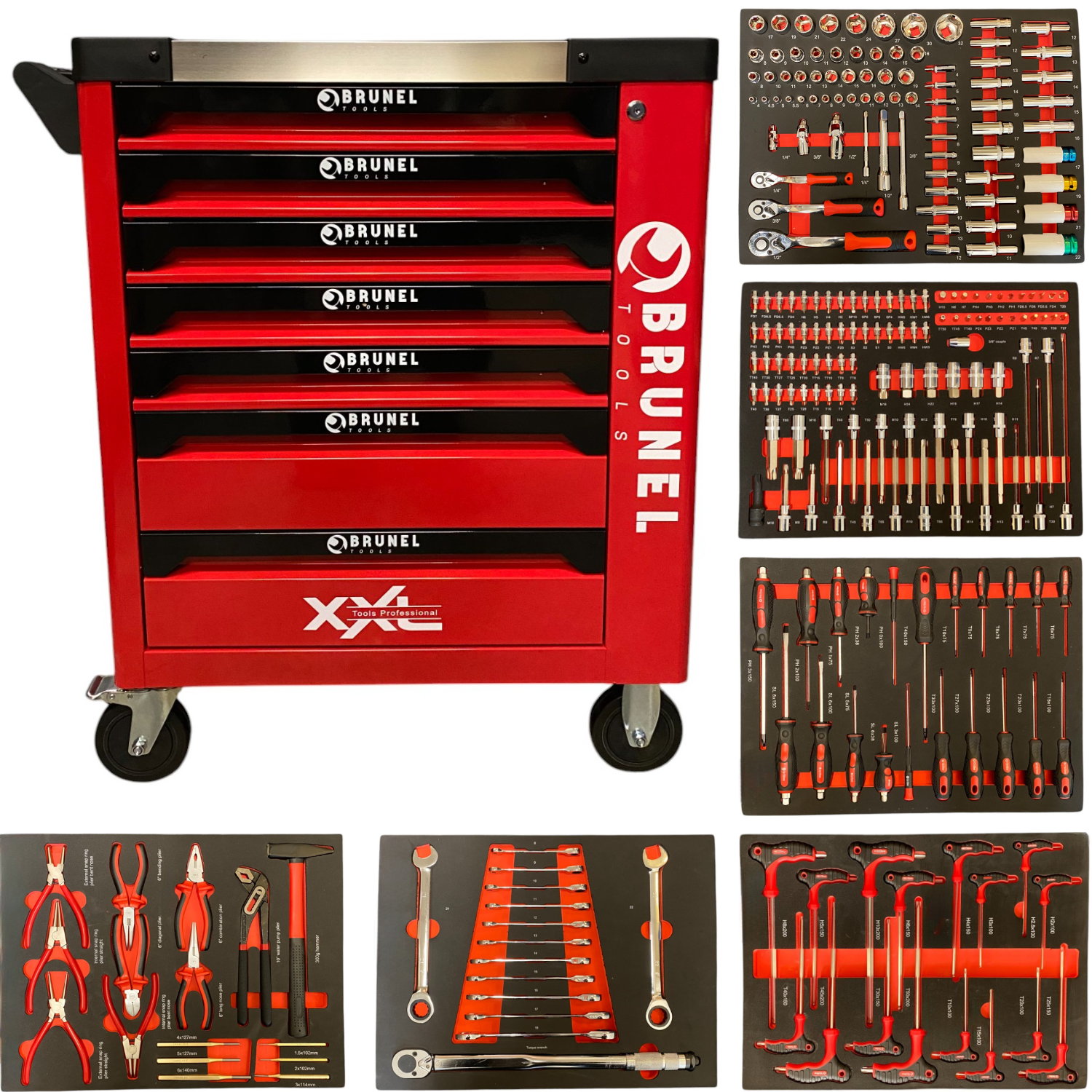 BRUNEL Tool 7 Drawer Caster Mounted Roller Tool Chest Cabinet with 6 Fully Stocked Drawers - 249 Pieces - Red