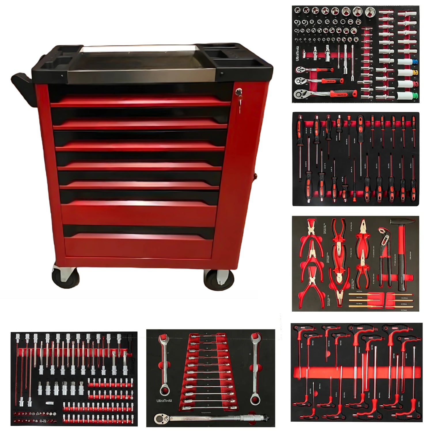 7 Drawer Caster Mounted Roller Tool Chest Cabinet with 6 Fully Stocked Drawers - 249 Pieces - Red