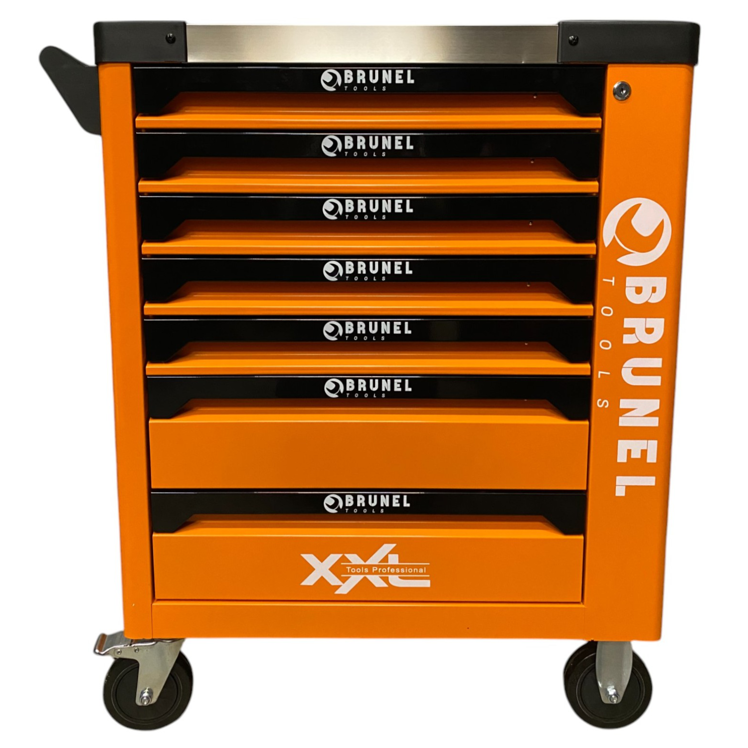 BRUNEL Tool 7 Drawer Caster Mounted Roller Tool Chest Cabinet with 6 Fully Stocked Drawers - 249 Pieces - Orange