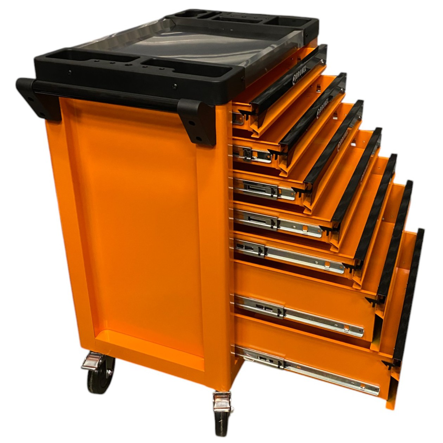 BRUNEL Tool 7 Drawer Caster Mounted Roller Tool Chest Cabinet with 6 Fully Stocked Drawers - 249 Pieces - Orange