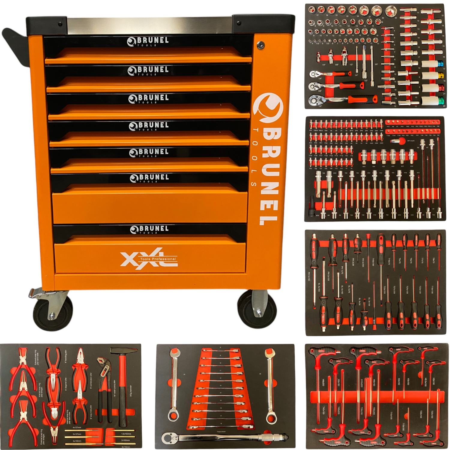 BRUNEL Tool 7 Drawer Caster Mounted Roller Tool Chest Cabinet with 6 Fully Stocked Drawers - 249 Pieces - Orange