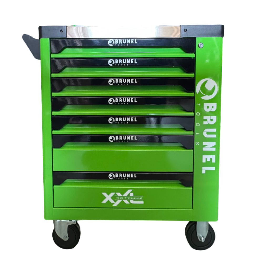 BRUNEL Tools 7 Drawer Caster Mounted Roller Tool Chest Cabinet with 6 Fully Stocked Drawers - 249 Pieces - Hi-Vis Green