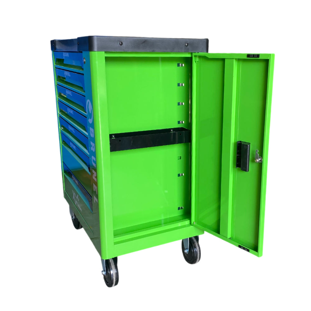 BRUNEL Tools 7 Drawer Caster Mounted Roller Tool Chest Cabinet with 6 Fully Stocked Drawers - 249 Pieces - Hi-Vis Green