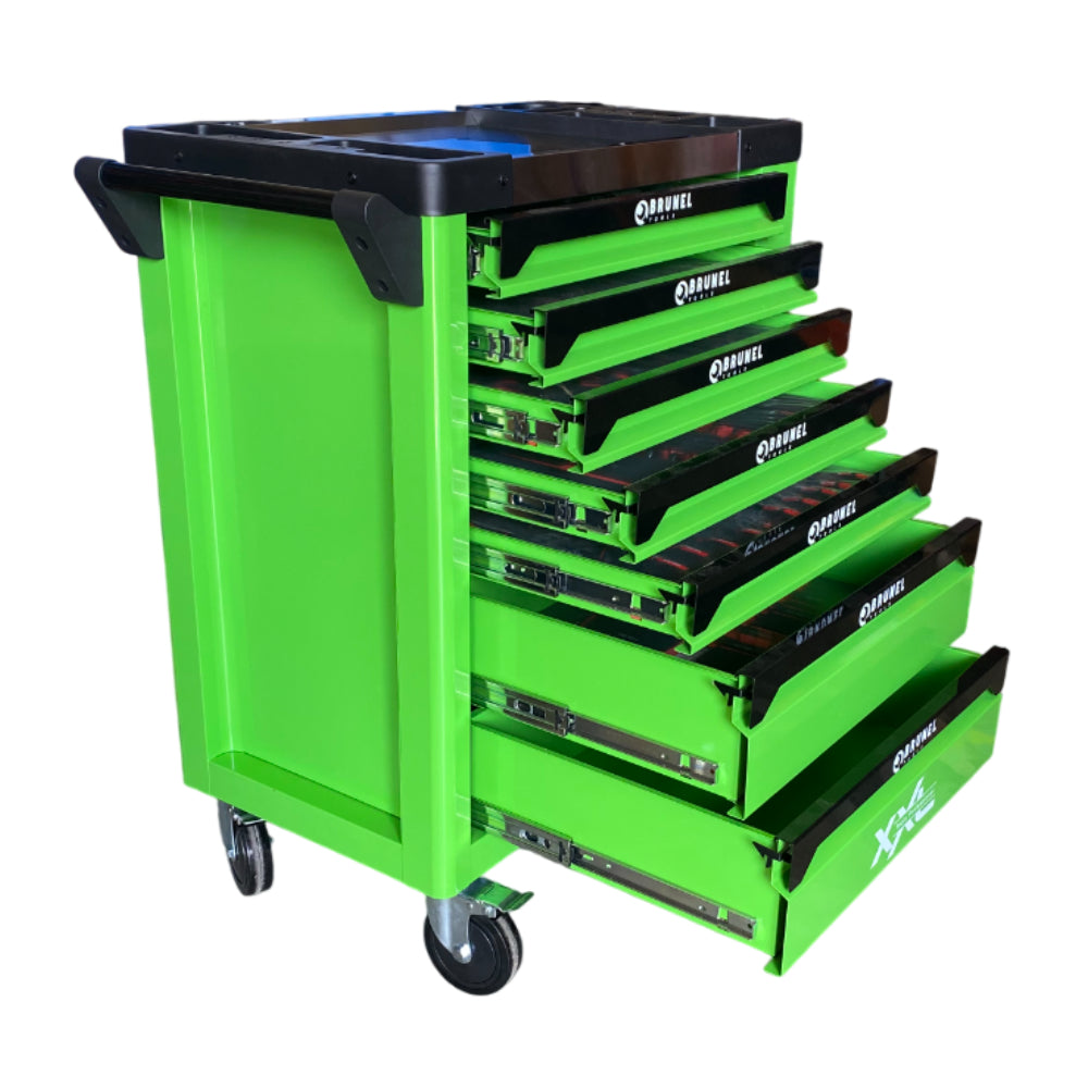 BRUNEL Tools 7 Drawer Caster Mounted Roller Tool Chest Cabinet with 6 Fully Stocked Drawers - 249 Pieces - Hi-Vis Green