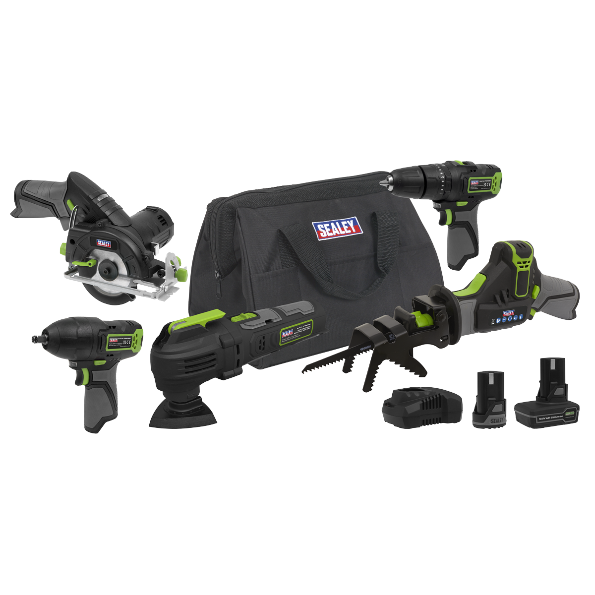 Sealey 5 x SV10.8 Series Cordless Power Tool Kit 10.8V - 2 Batteries CP108VCOMBO8