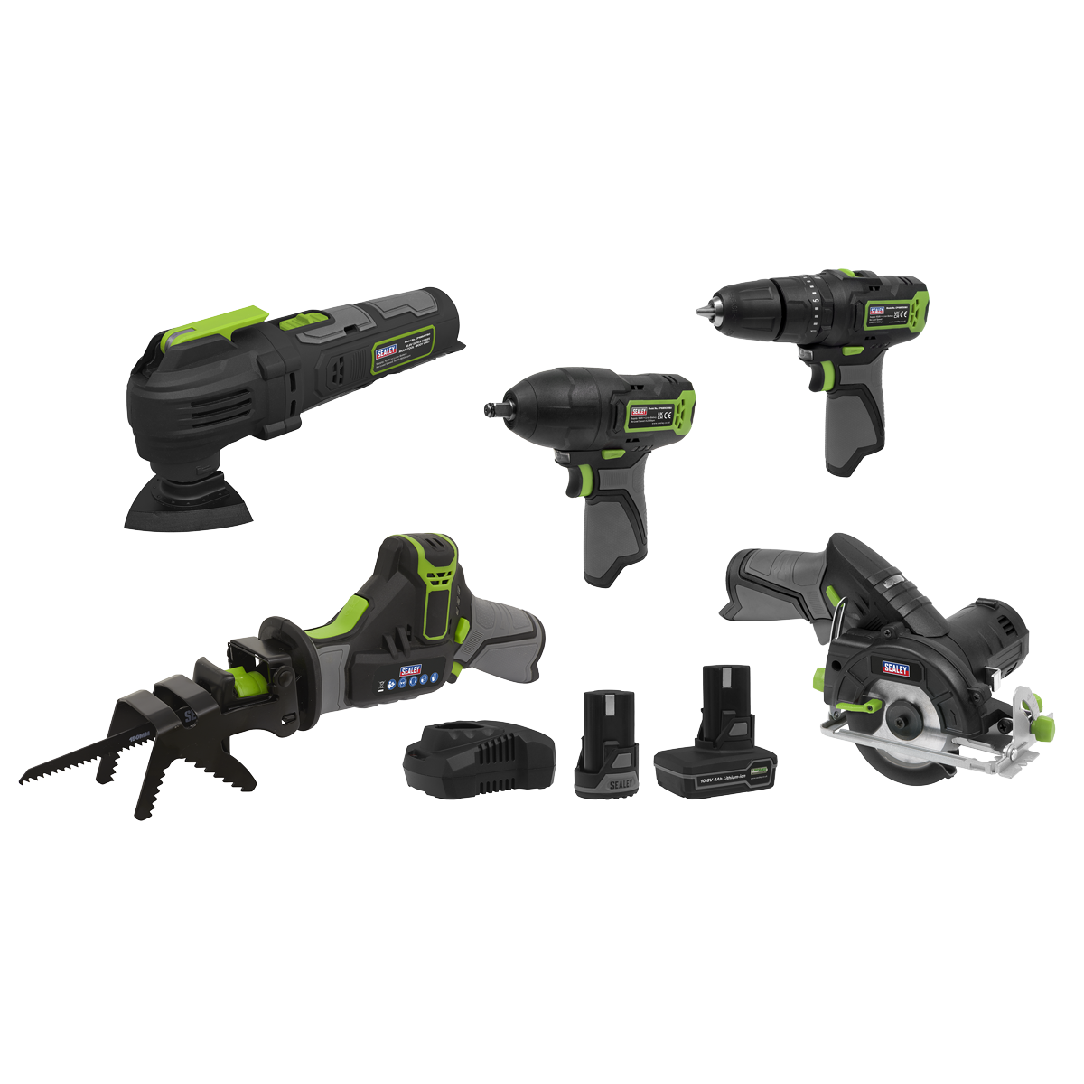 Sealey 5 x SV10.8 Series Cordless Power Tool Kit 10.8V - 2 Batteries CP108VCOMBO8