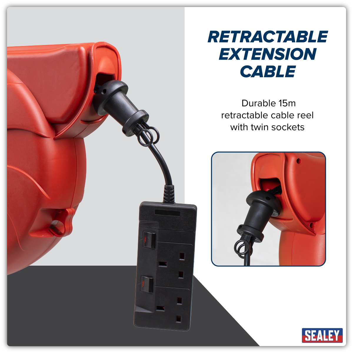 Sealey Cable Reel System Retractable 15m 2 x 230V Socket CRM15