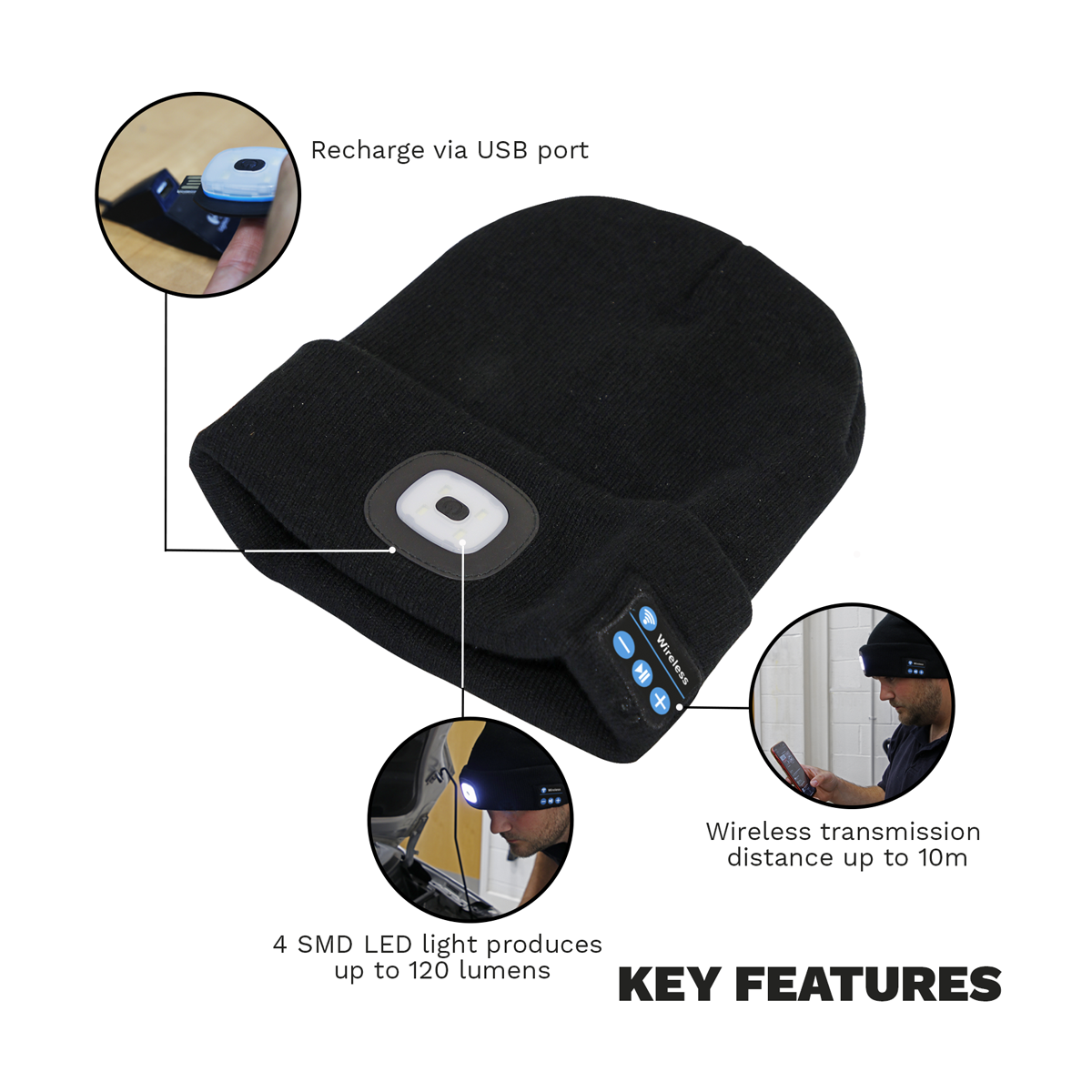 Sealey Rechargeable USB Beanie Hat with Wireless Headphones 1W SMD LED LED185W
