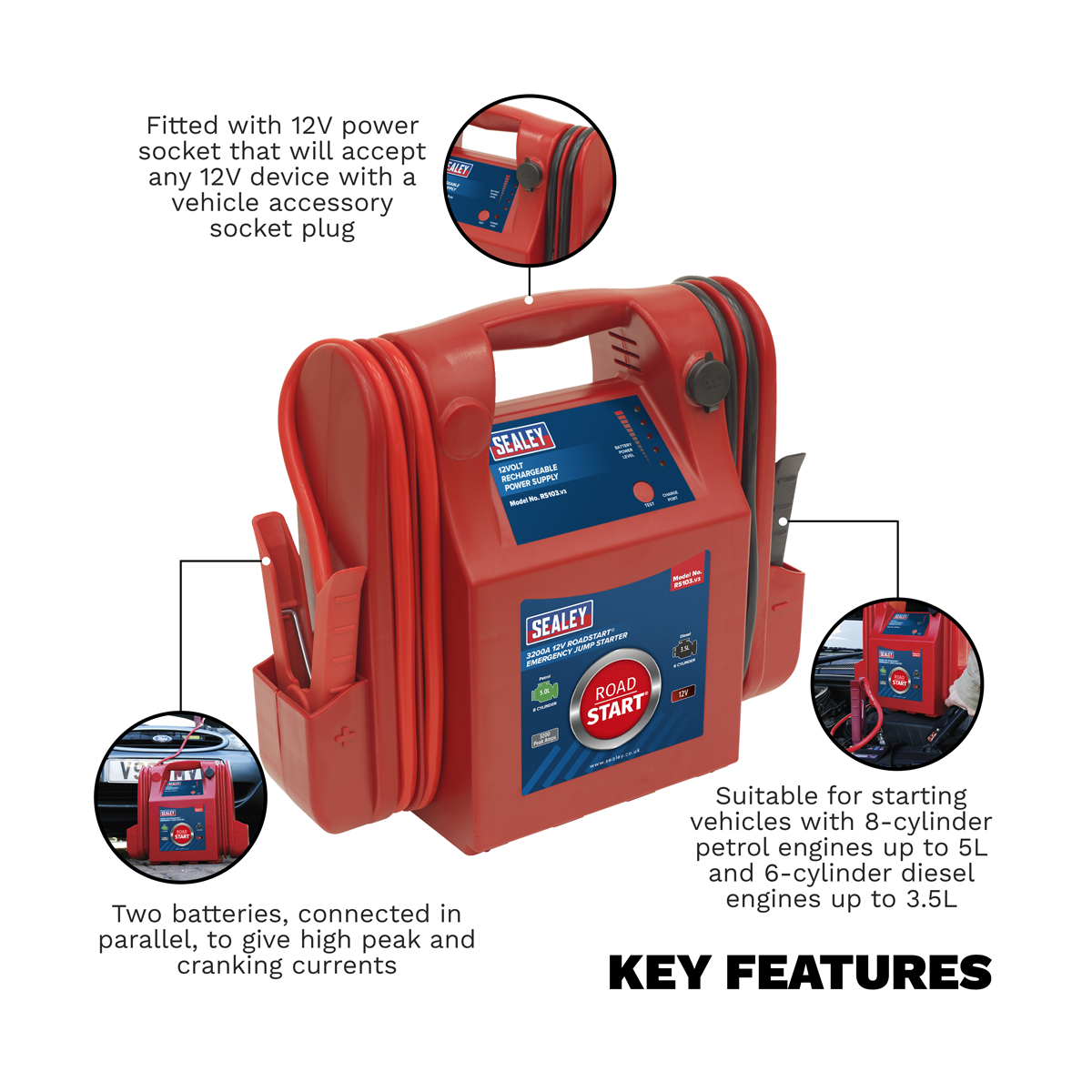 Sealey RoadStart® 12V Emergency Jump Starter 3200 Peak Amps RS103
