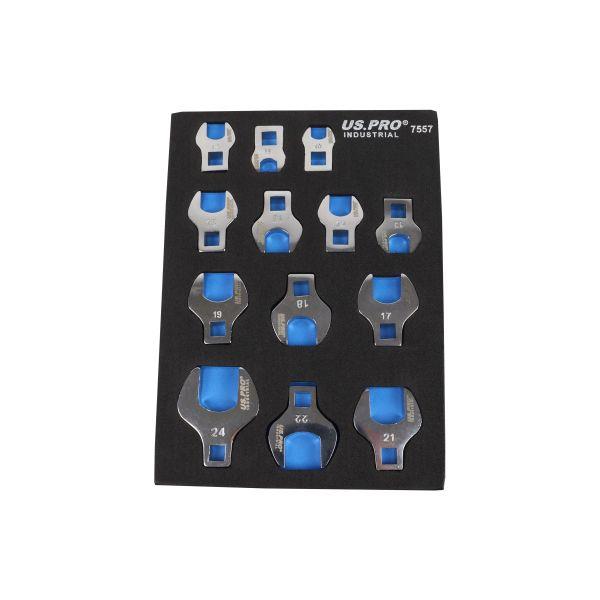 US PRO INDUSTRIAL 13PC 3/8" & 1/2" DR Metric Crowfoot Wrench Set in EVA Tray 10 - 24mm 7557