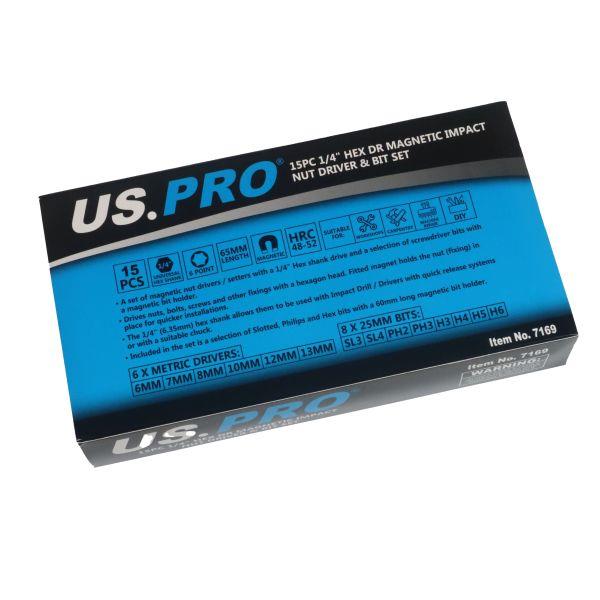 US PRO Tools 15pc 1/4" Hex Dr Magnetic Impact Nut Driver & Bit Set Metric 7169