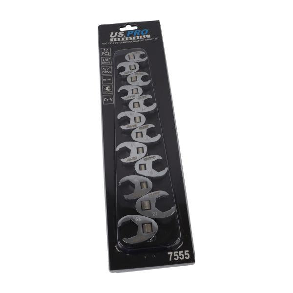 US PRO INDUSTRIAL 12PC 3/8" & 1/2" DR Metric Crowfoot Wrench Set 10 - 22mm 7555