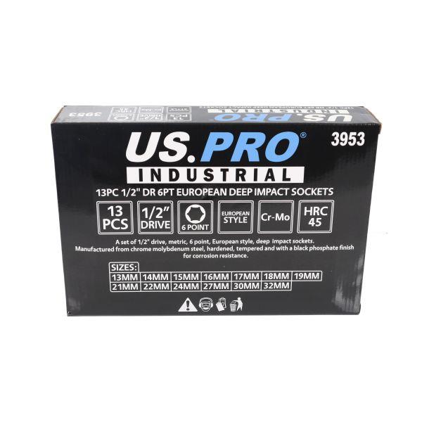 US PRO INDUSTRIAL 13pc 1/2" Dr 6pt European Deep Impact Socket Set 13-32mm 3953
