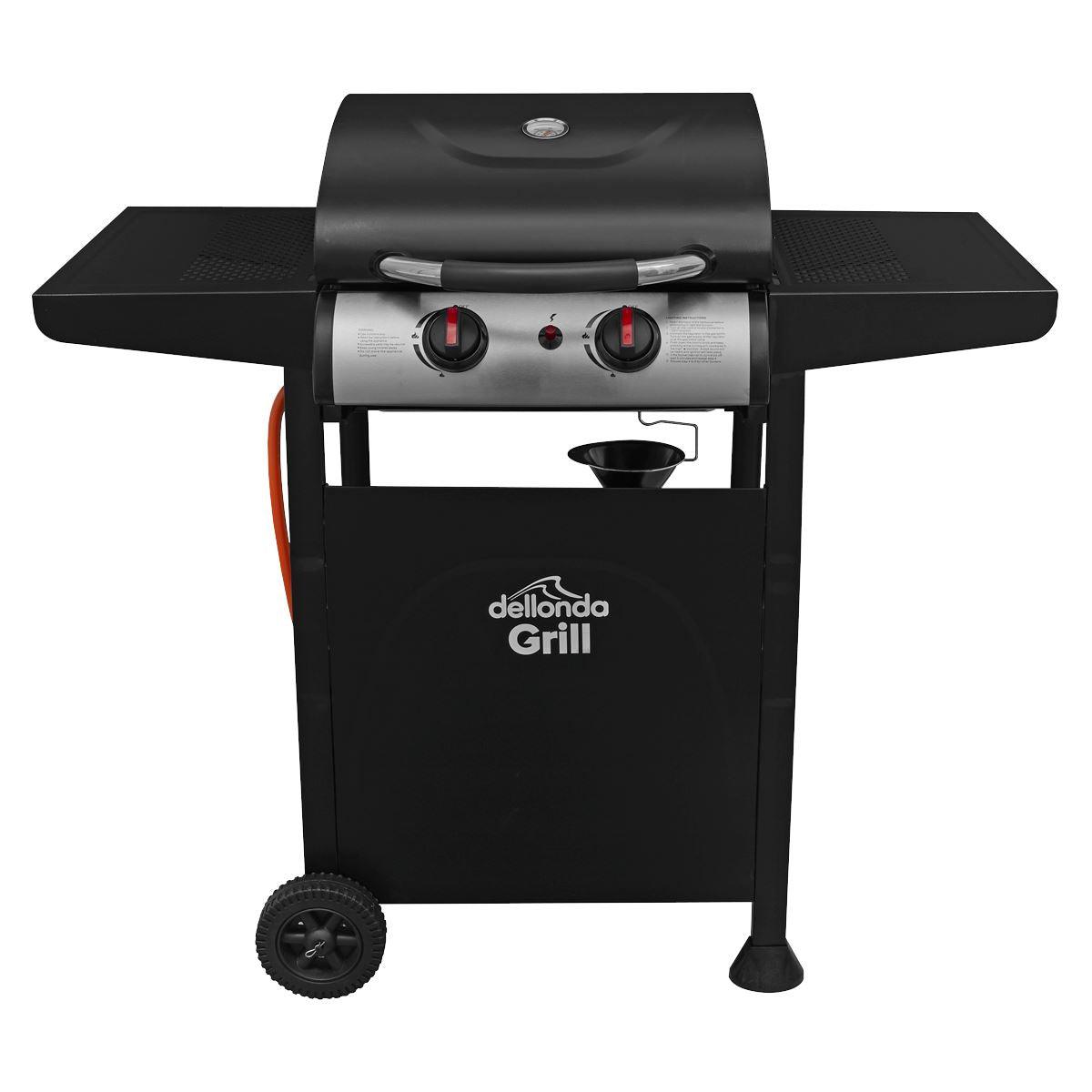 Dellonda 2 Burner Gas BBQ Grill with Ignition & Thermometer - Black/Stainless Steel DG13 - Tools 2U Direct SW