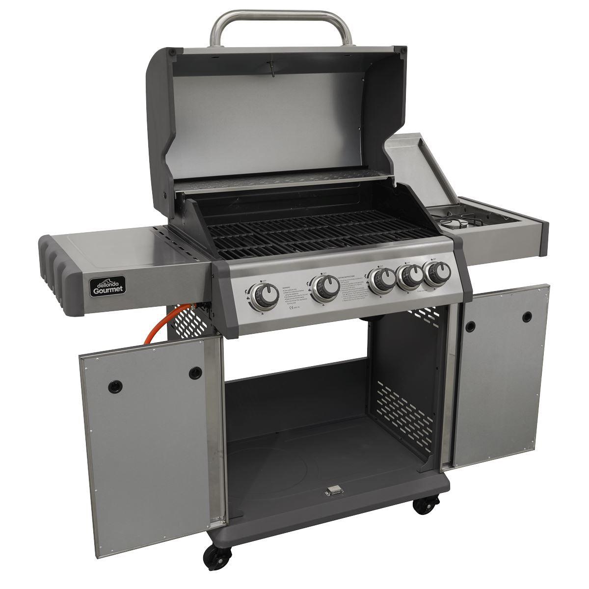 Dellonda 4+1 Burner Deluxe Gas BBQ Grill, Stainless Steel, Side Burner, Ignition DG17 - Tools 2U Direct SW