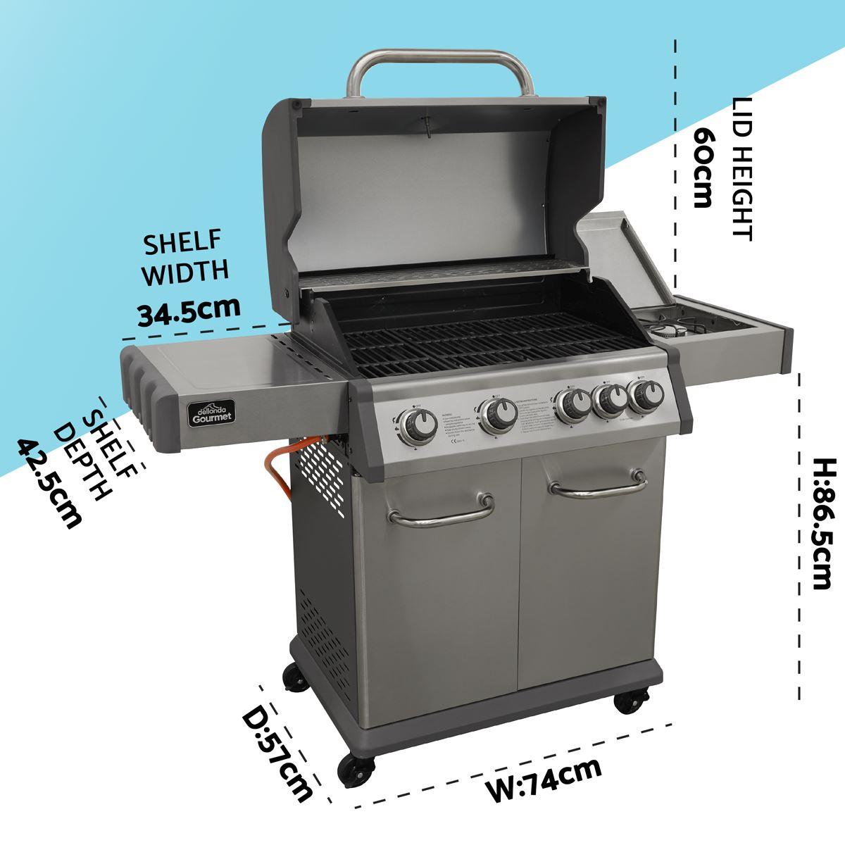 Dellonda 4+1 Burner Deluxe Gas BBQ Grill, Stainless Steel, Side Burner, Ignition DG17 - Tools 2U Direct SW