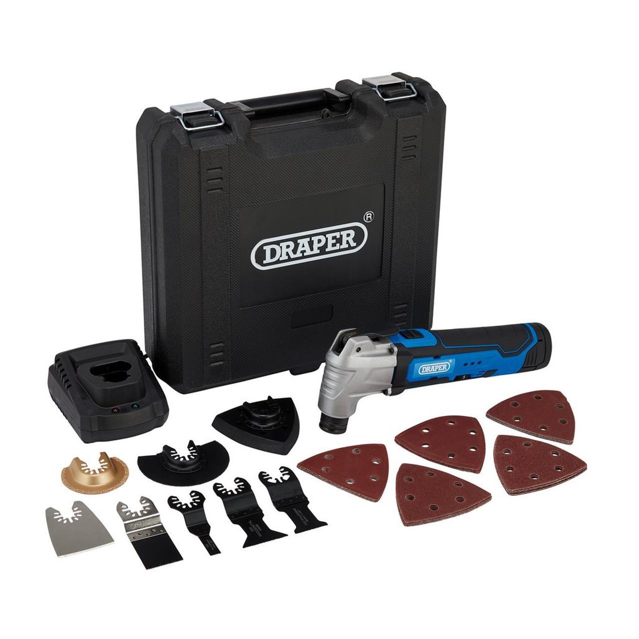 Draper 33 Piece 12V Oscillating Multi-Tool, 1 x Battery, 1.5Ah, 1 x Fast Charger 19392 - Tools 2U Direct SW