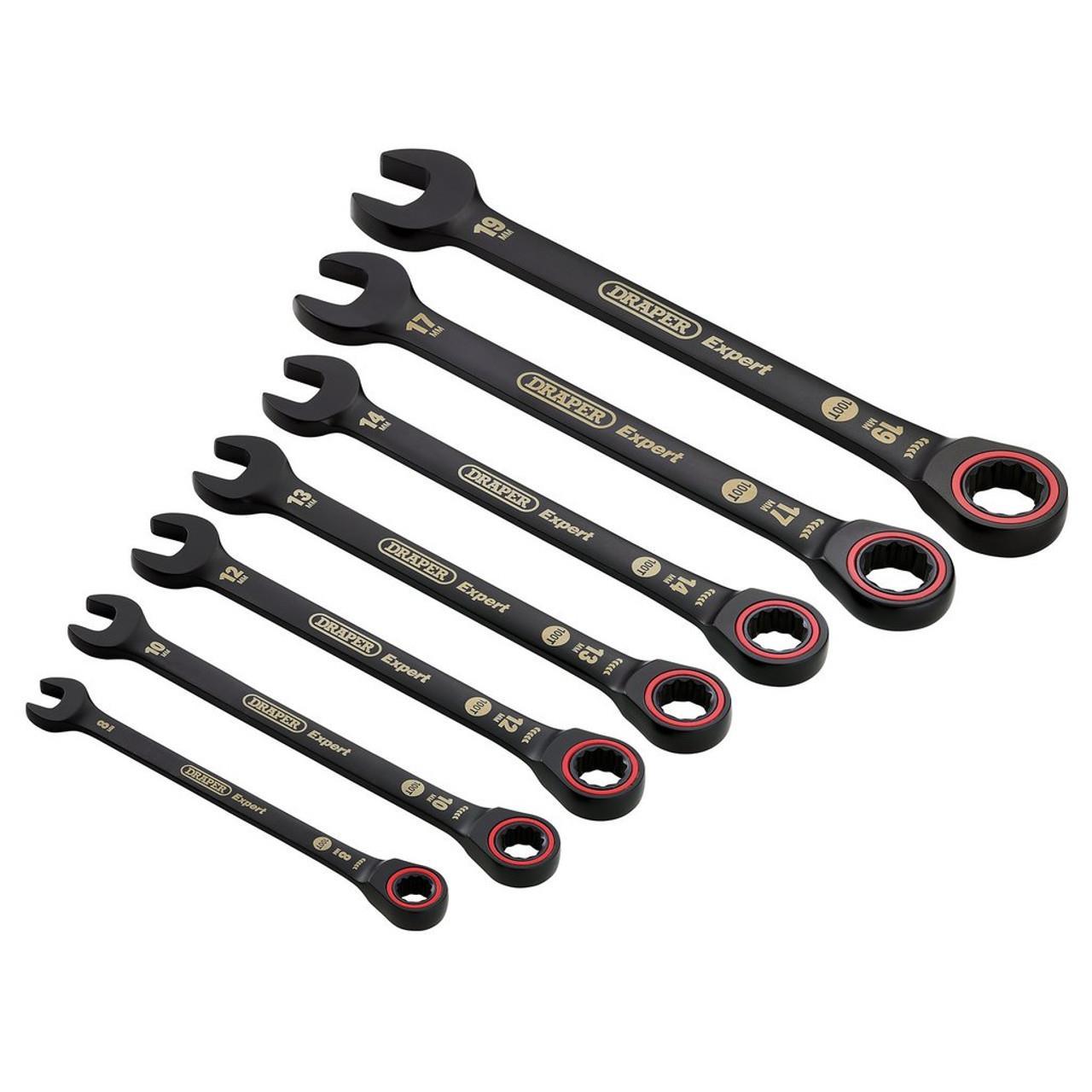 Draper Expert 7 Piece HI-TORQ Metric Ratchet Combination Spanner Set 8 - 19mm Black 100T 03895 - Tools 2U Direct SW