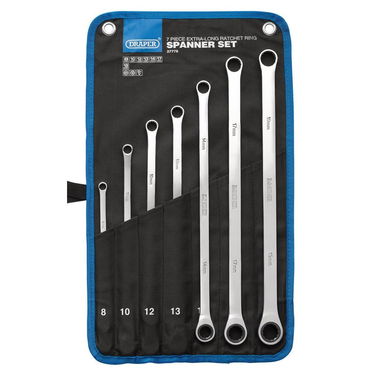 Draper Hi-Torq 7 Piece Extra Long Double Ring Ratchet Spanner Set Metric 27778 - Tools 2U Direct SW