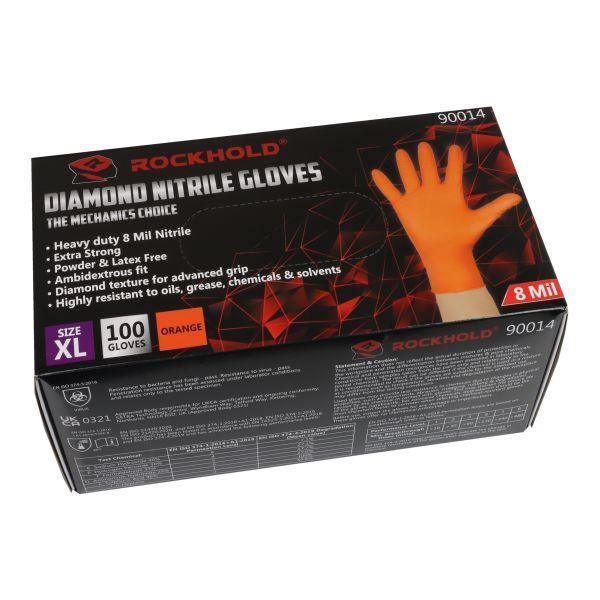 ROCKHOLD Extra Large Nitrile Diamond Grip Gloves Heavy Duty Disposable Latex Free Orange x100 - Tools 2U Direct SW