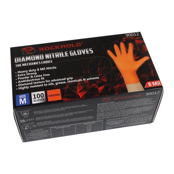 ROCKHOLD Medium Nitrile Diamond Grip Gloves Heavy Duty Disposable Latex Free Orange x100 - Tools 2U Direct SW