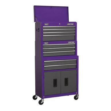 Sealey American Pro Topchest, Mid-Box & Rollcab 9 Drawer Stack - Purple/Grey AP2200BBCPSTACK - Tools 2U Direct SW