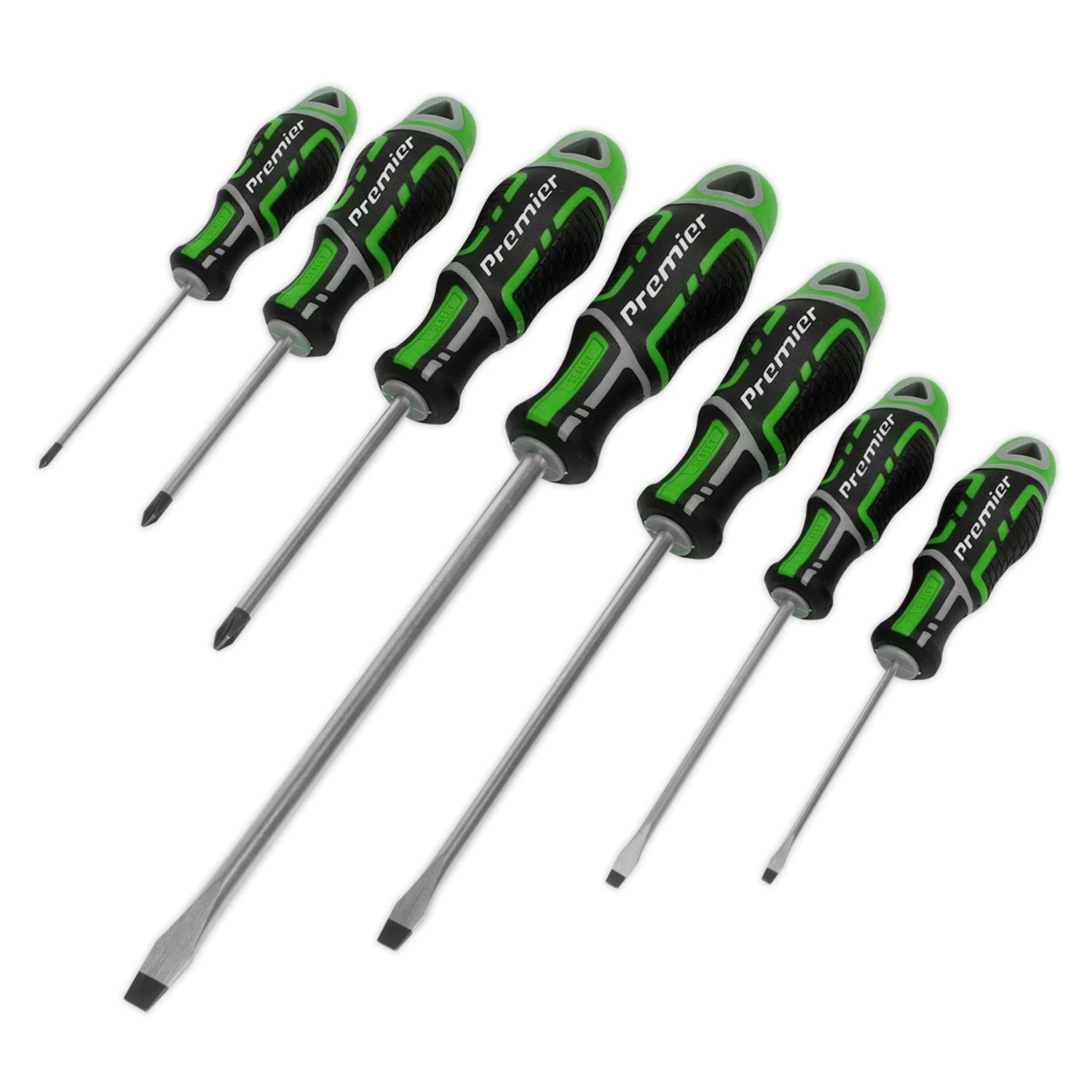 Sealey Premier 7 Piece Screwdriver Set Slotted Phillips Hi-Vis Green GripMAX AK4321HV - Tools 2U Direct SW