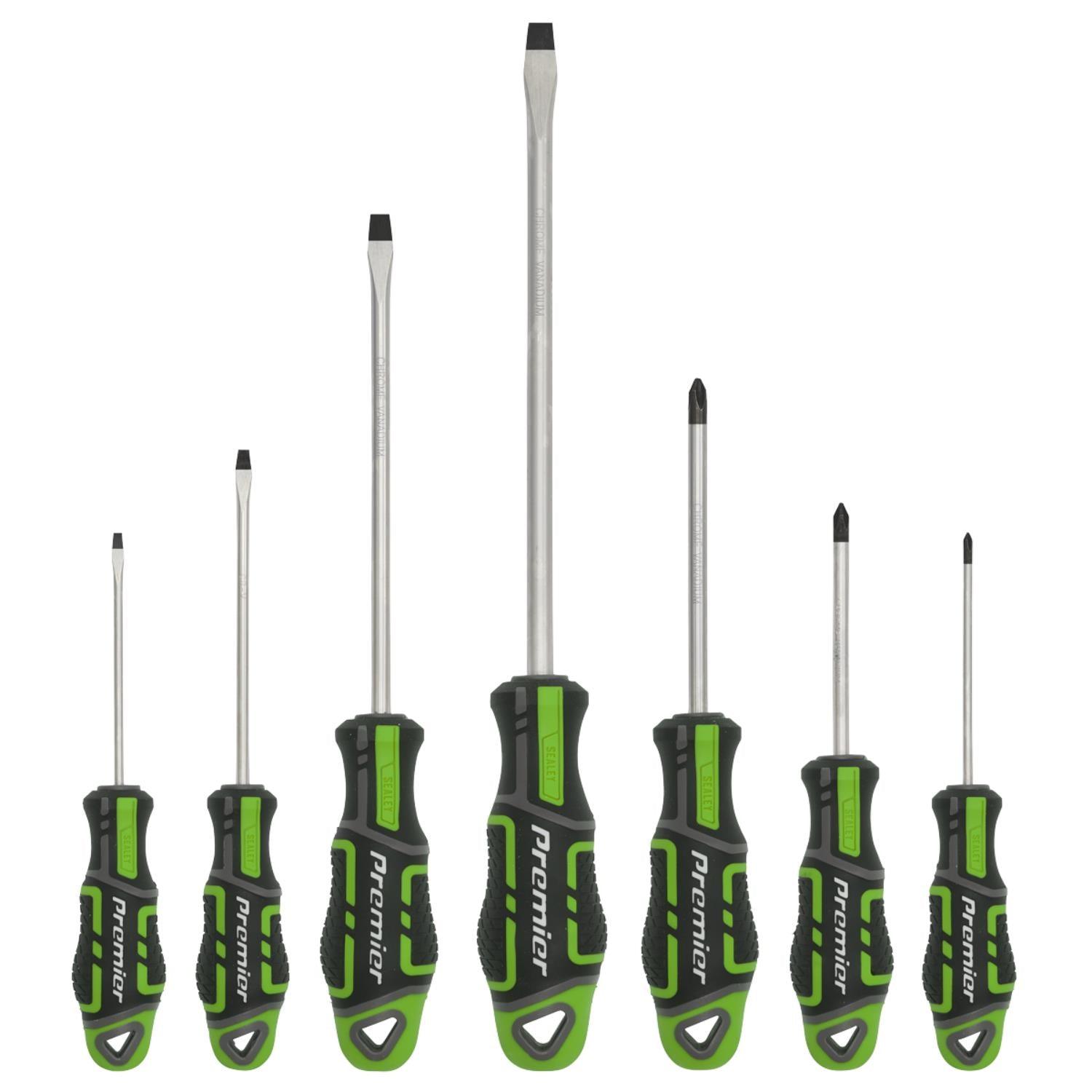 Sealey Premier 7 Piece Screwdriver Set Slotted Phillips Hi-Vis Green GripMAX AK4321HV - Tools 2U Direct SW