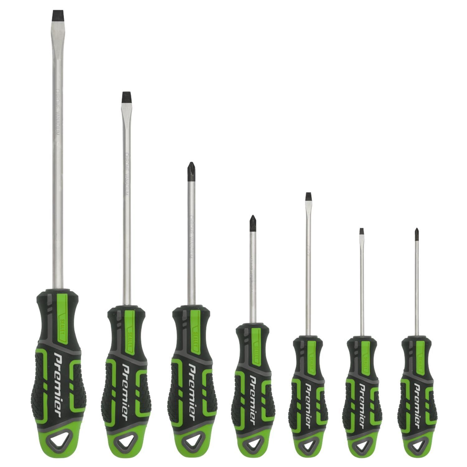 Sealey Premier 7 Piece Screwdriver Set Slotted Phillips Hi-Vis Green GripMAX AK4321HV - Tools 2U Direct SW