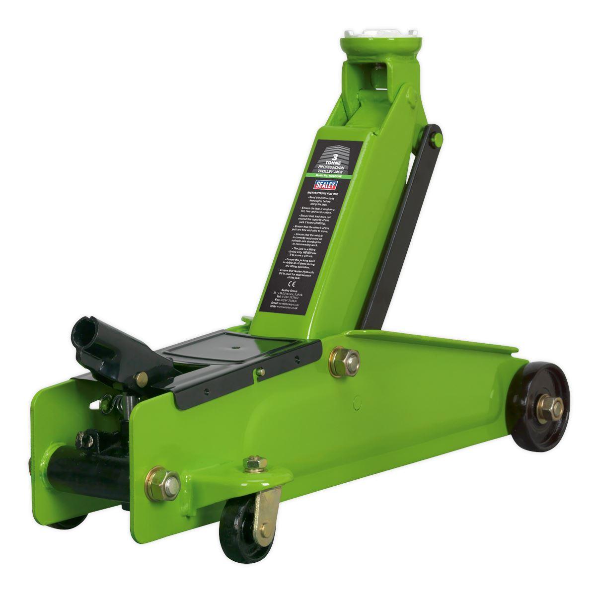 Sealey Trolley Jack 3 Tonne Long Reach Heavy-Duty Hi-Vis Green 1153CXHV - Tools 2U Direct SW