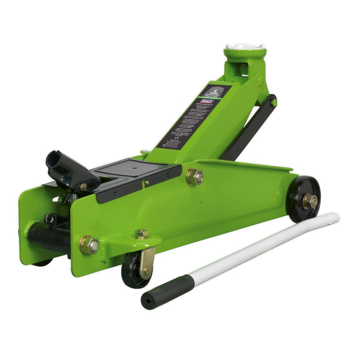 Sealey Trolley Jack 3 Tonne Long Reach Heavy-Duty Hi-Vis Green 1153CXHV - Tools 2U Direct SW