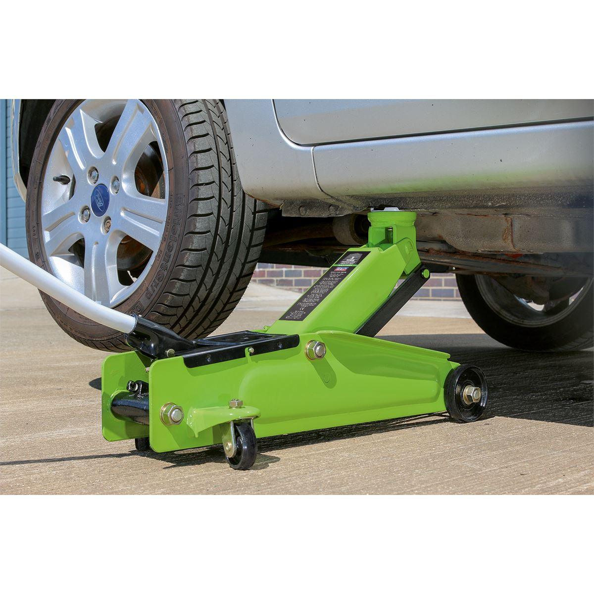 Sealey Trolley Jack 3 Tonne Long Reach Heavy-Duty Hi-Vis Green 1153CXHV - Tools 2U Direct SW