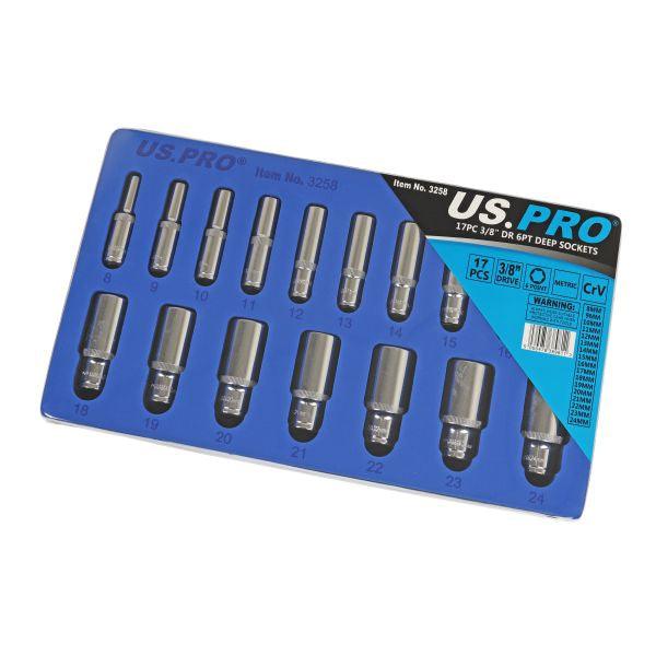 US PRO 17pc 3/8 Dr Metric Deep Socket Set 6 point 8 - 24mm 3258 - Tools 2U Direct SW