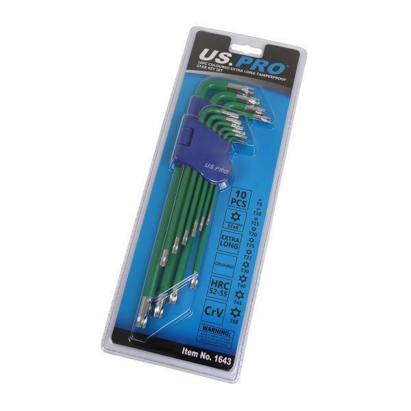 US PRO Tools 10PC Coloured Extra Long Tamperproof Star Key Set T9 - T50 1643 - Tools 2U Direct SW