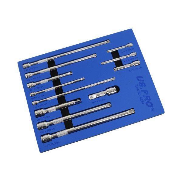 US PRO Tools 12pc Socket Extension Bar Set 1/4" 3/8" 1/2" DR In Foam Tray 4234 - Tools 2U Direct SW