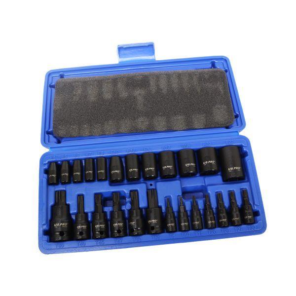 US PRO Tools 25pc 1/4 3/8 1/2” DR Impact E-Star Sockets & Star Bit Sockets Torx M&F 7521 - Tools 2U Direct SW