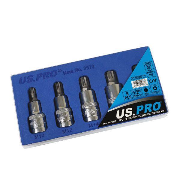 US PRO Tools 5PC 1/2" DR Triple Square Bit Socket Set In EVA Tray M10 - M18 3973 - Tools 2U Direct SW