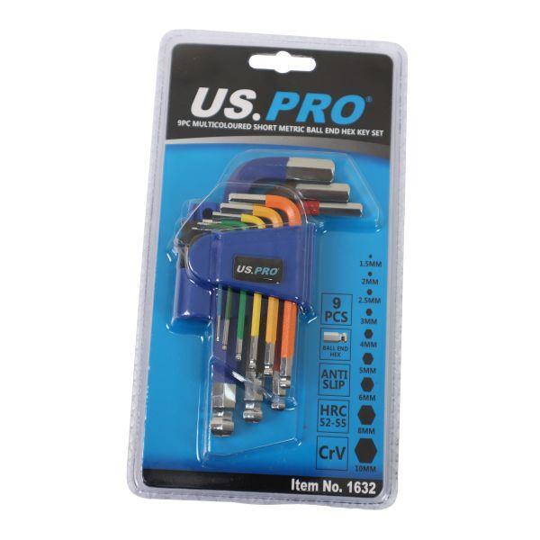 US PRO Tools 9PC Multicoloured Short Metric Ball End Allen Hex Key Set 1.5 - 10mm 1632 - Tools 2U Direct SW