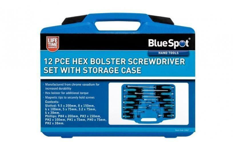 BlueSpot 12 Piece Hex Bolster Screwdriver Set with Storage Case 12067 - Tools 2U Direct SW