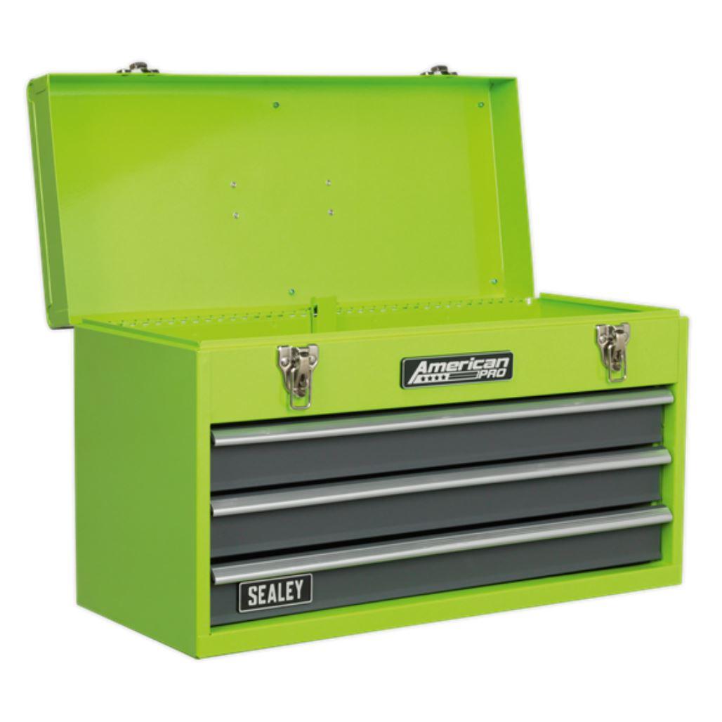 Sealey American Pro Tool Chest 3 Drawer Portable with Ball Bearing Slides - Hi-Vis Green/Grey AP9243BBHV - Tools 2U Direct SW