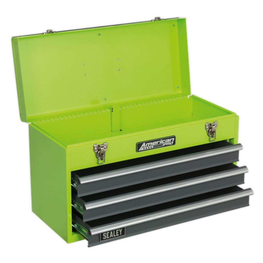 Sealey American Pro Tool Chest 3 Drawer Portable with Ball Bearing Slides - Hi-Vis Green/Grey AP9243BBHV - Tools 2U Direct SW